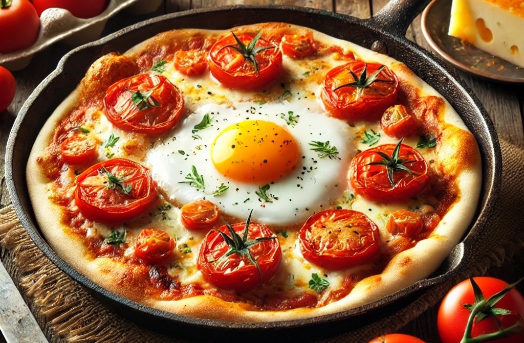 Ленивая пицца на сковороде, с помидорами, сыром и яичницей

