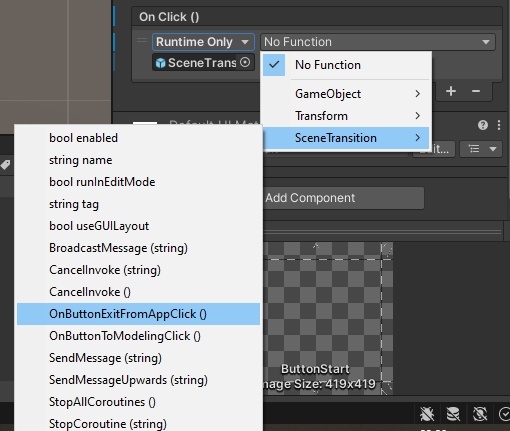 Перетащим в OnClick объект со скриптом и выберим метод, выполняемый при клике