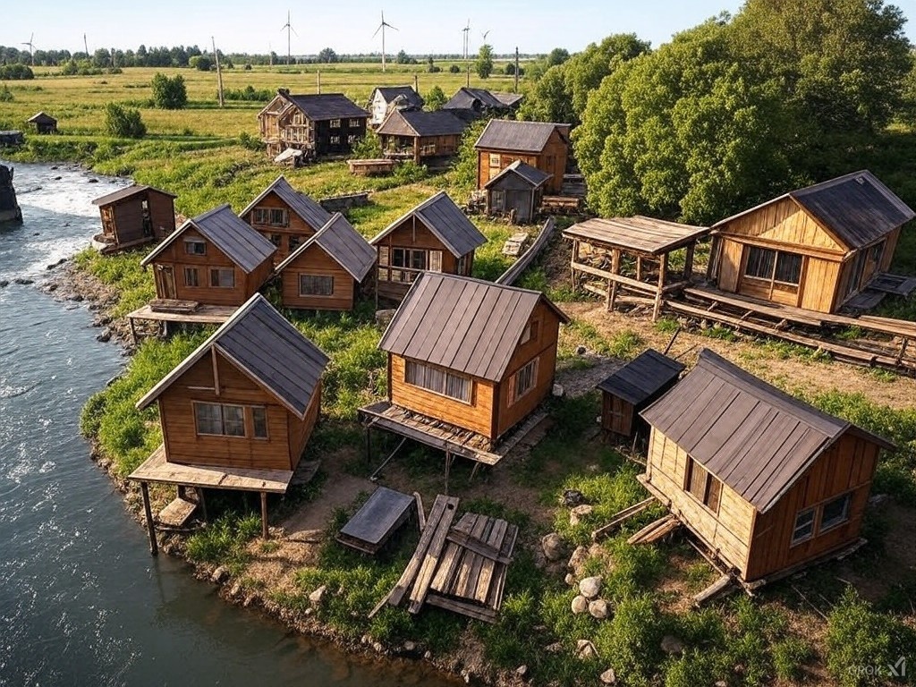 Справа лесопилка и прочие цеха, слева гидростанция небольшая, дома из Павловнии повсюду, а вдалеке ветрогенераторы. И всё это выглядит так, будто в сказочную историю попал!