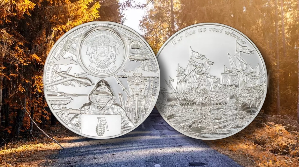 Монета 1.500 франков КФА (Габон) Ag «В войне нет настоящего победителя – Время летит»