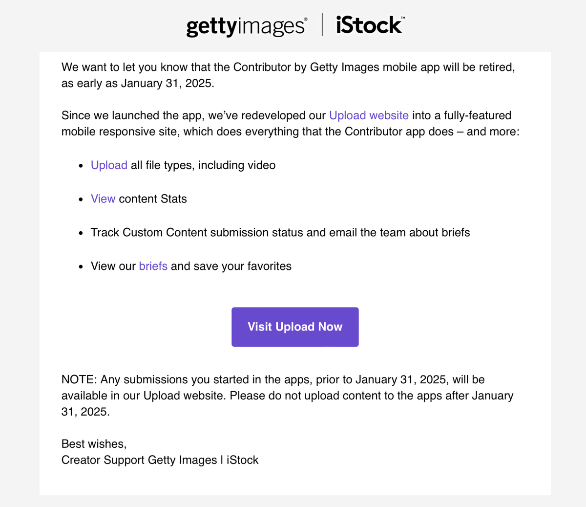 письмо от GettyImages о прекращении работы приложения для контрибъютеров