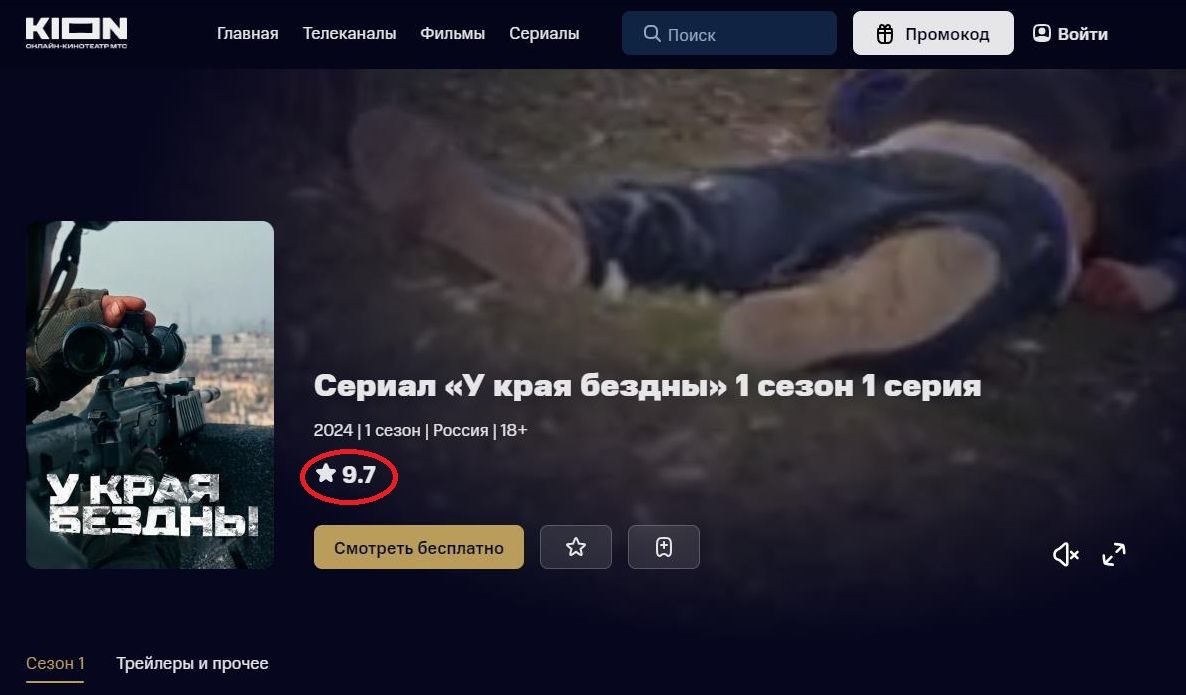    Фильм об СВО - обратите внимание на зрительскую оценку. Скриншот: интернет-сайт kion.ru