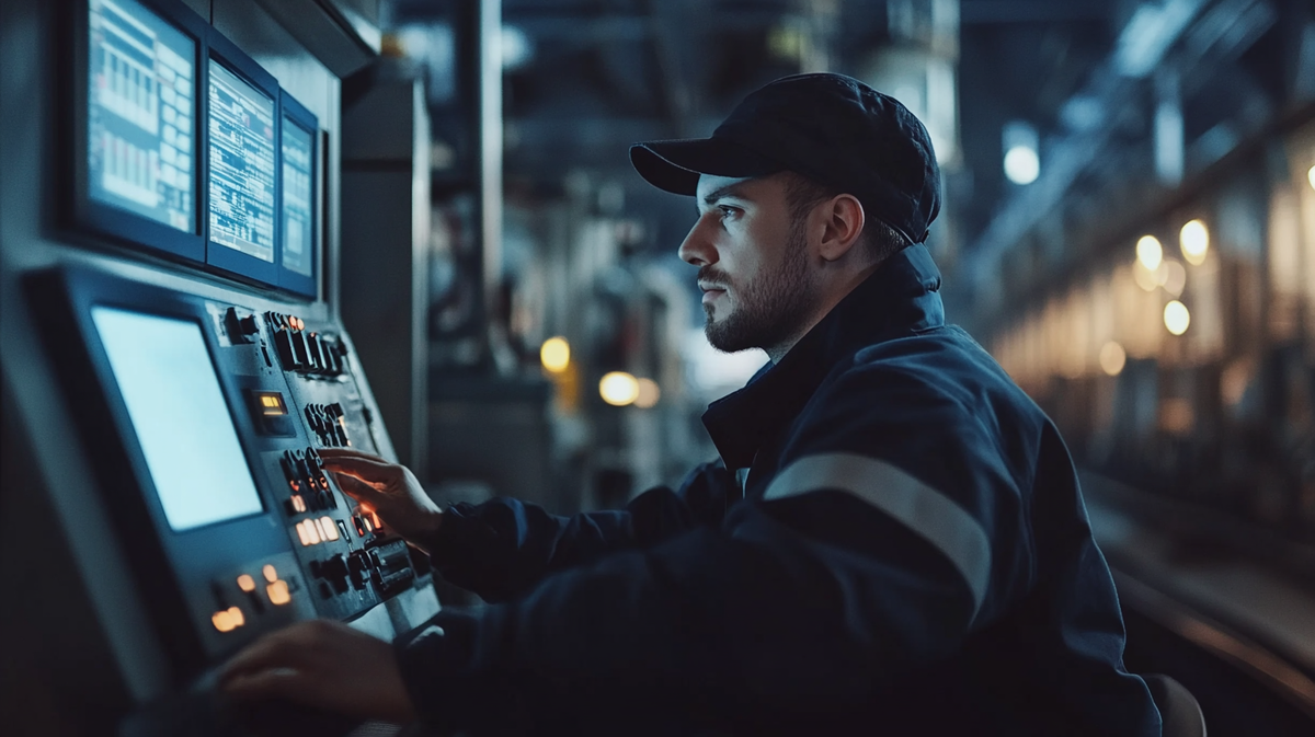 "Оператор настраивает станок с ЧПУ в современном промышленном помещении, сосредоточен на работе за пультом управления."