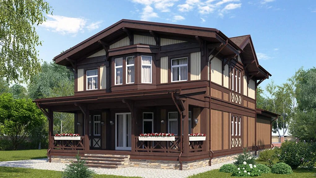 Экстерьер двухэтажного загородного дома по проекту "Асель" от NATURI