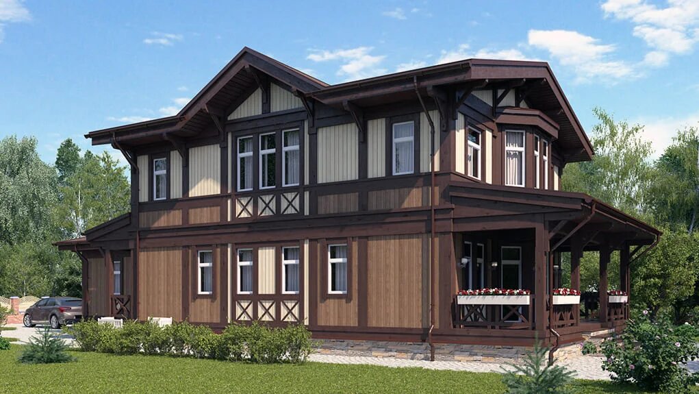 Обзор внешнего вида загородного дома из вертикального бруса NATURI по проекту "Асель"