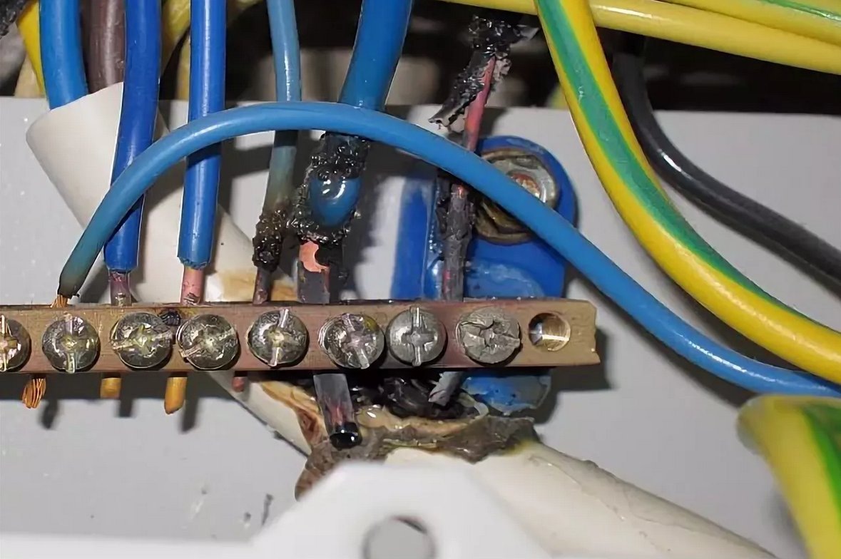 Нулевой провод в распределительном щитке.