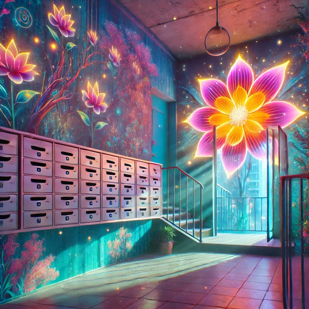 Сказочный вход в подъезд (создано с помощью DALL-E)