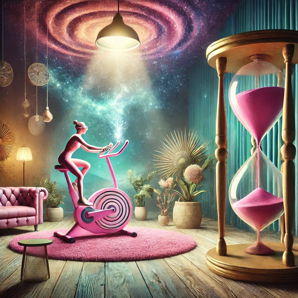 Сюррелистическая гостинная с розовым тренажером (создано с помощью DALL-E)