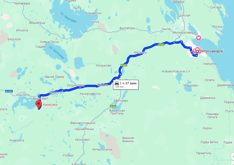 Дорога от Петрозаводска до Кинермы занимает около 100 км