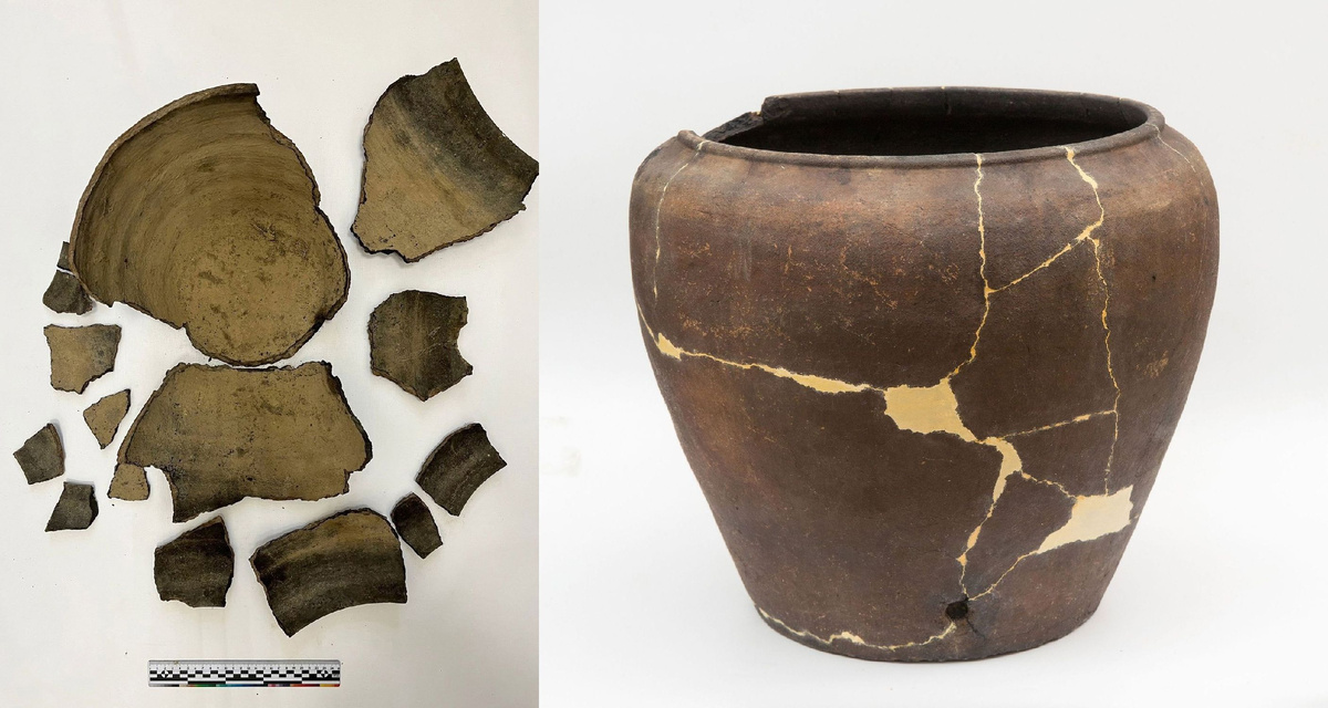 Осколки и заново собранный из них отреставрированный горшок