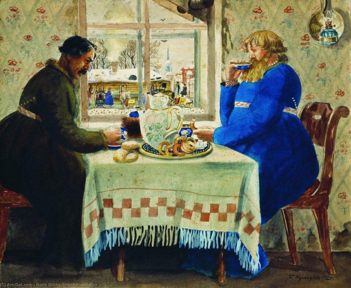 Б. Кустодиев. Извозчики, пьющие чай. 1890-е годы.