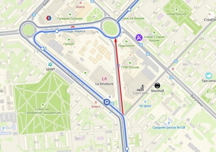 Автобус №6. Новый маршрут обозначен красным цветом.