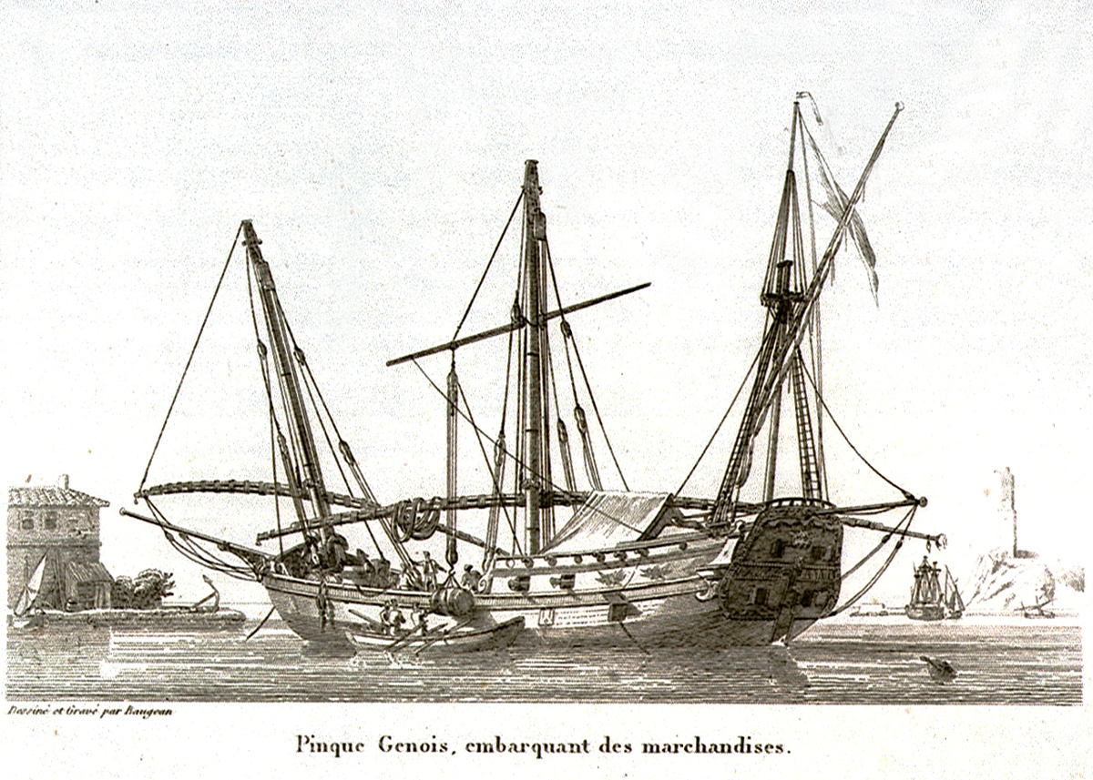 Генуэзский пинк на погрузке товара. 1826 г. Baugean, Jean-Jérôme. National Maritime Museum, Greenwich, London.