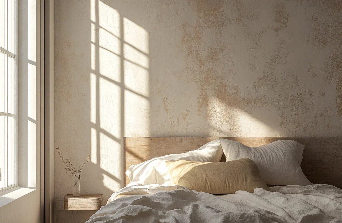 Текстурная стена идеально сочетается с деревянным изголовьем