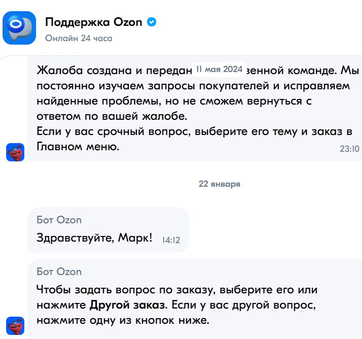 Пример диалога в горячей линии Озона с помощью чата службы поддержки