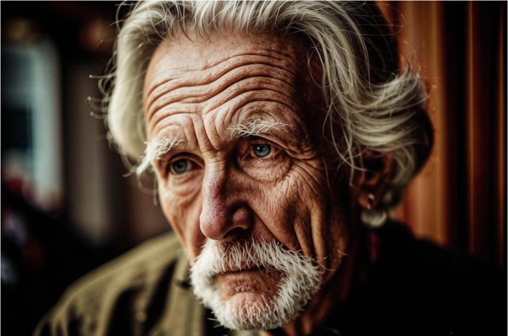 Портрет пожилого человека, который задумчиво смотрит в даль, с морщинами, рассказывающими историю.