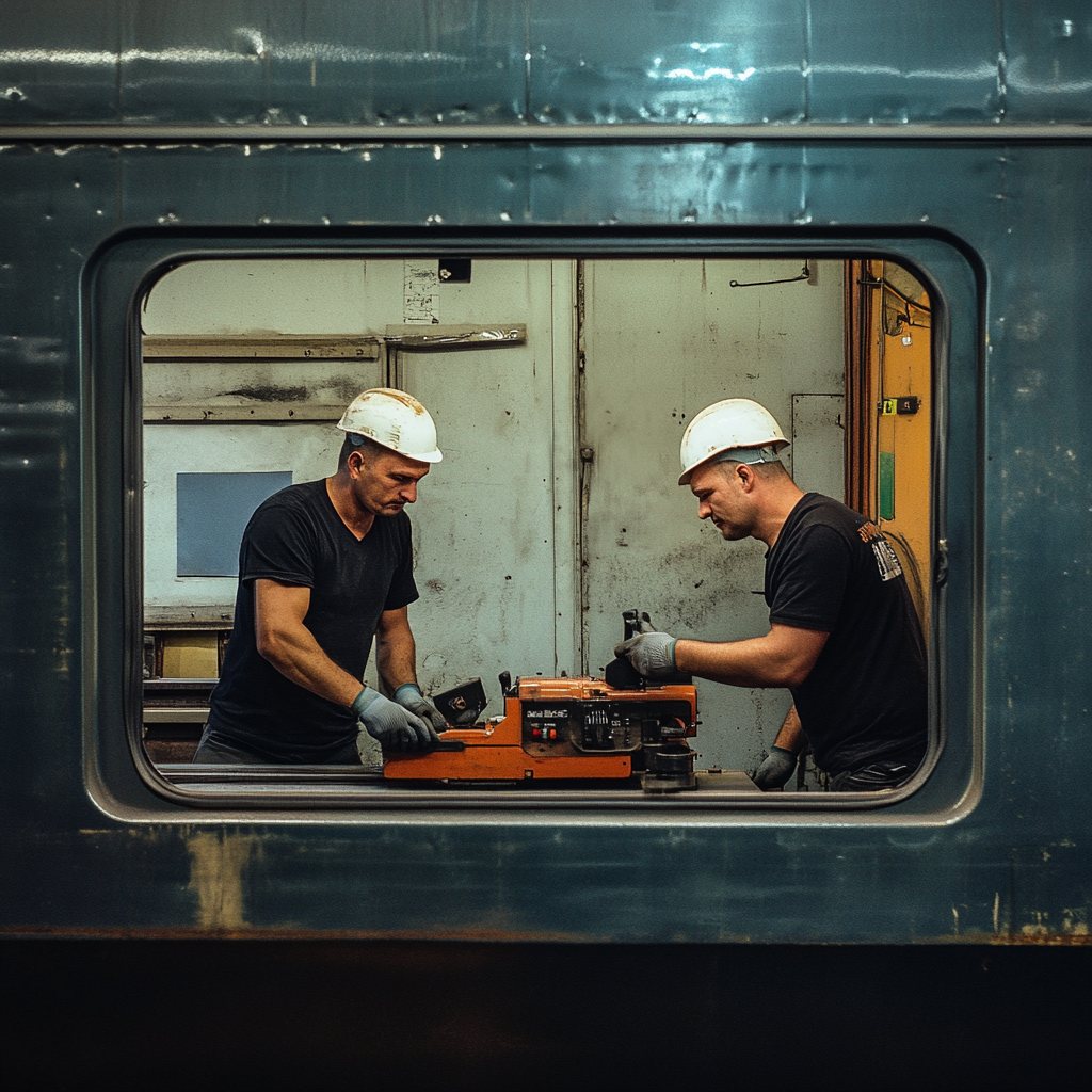 Рабочие трудятся внутри вагона. Фото fb8.