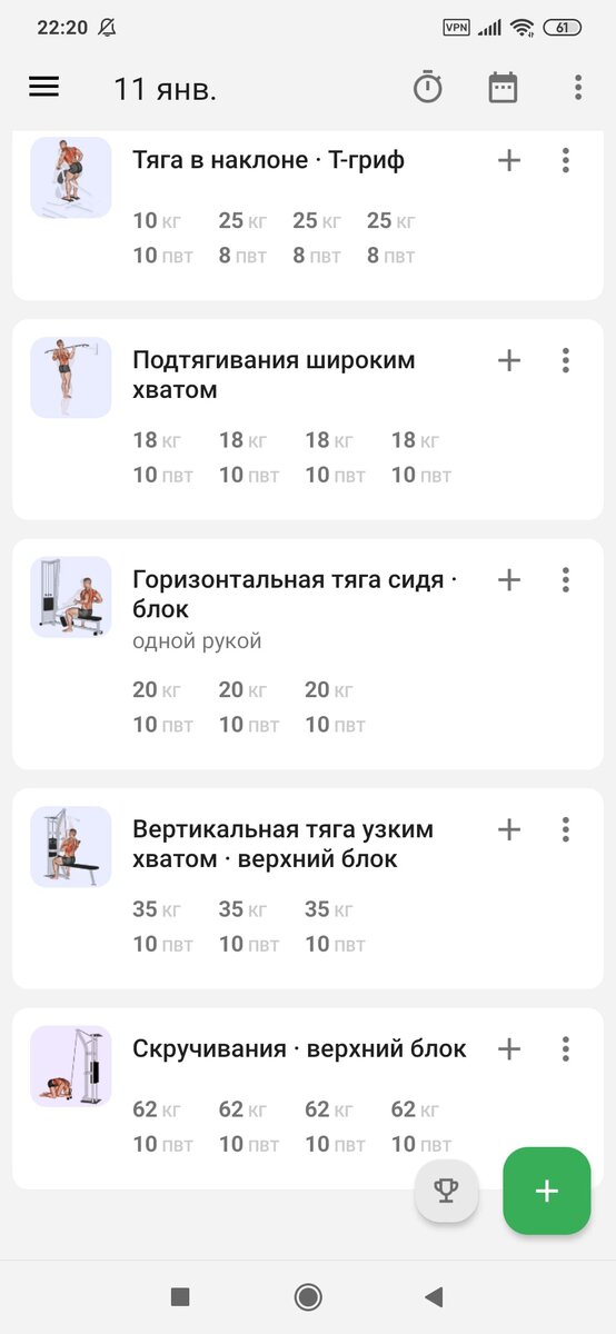 Так выглядит тренировочный план девушки 11 января. Очень удобно, видно все: количество подходов, веса и повторы. Так же цветом можно выделять сложность веса, чтобы тренеру или самому было понятно как они даются.