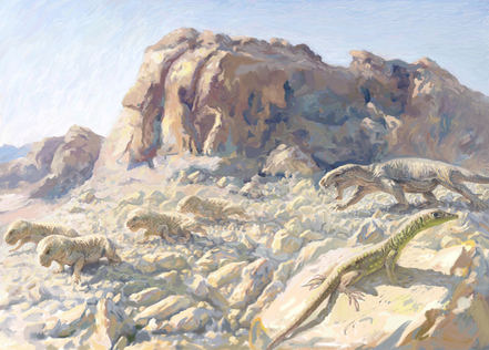 Энигмастрофей (на камешке) смотрит как охотиться горгонопсид-рубиджея на стадо дицинодонтов (цистецефалов).