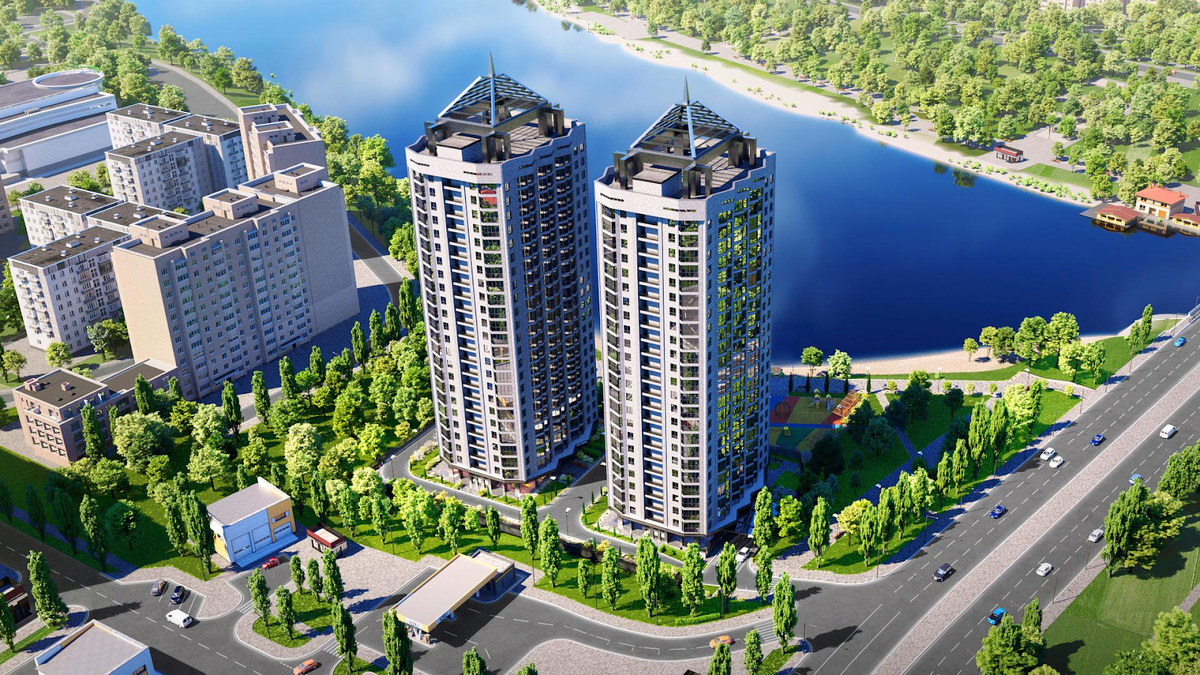 Литер 1 и литер 2 ограничены с севера прибрежной зоной реки Темерник; с запада — незастроенным озеленённым участком; с юга — участками автомойки и АЗС; с востока — проездом проспекта Космонавтов. Рендер из презентации комплекса от застройщика