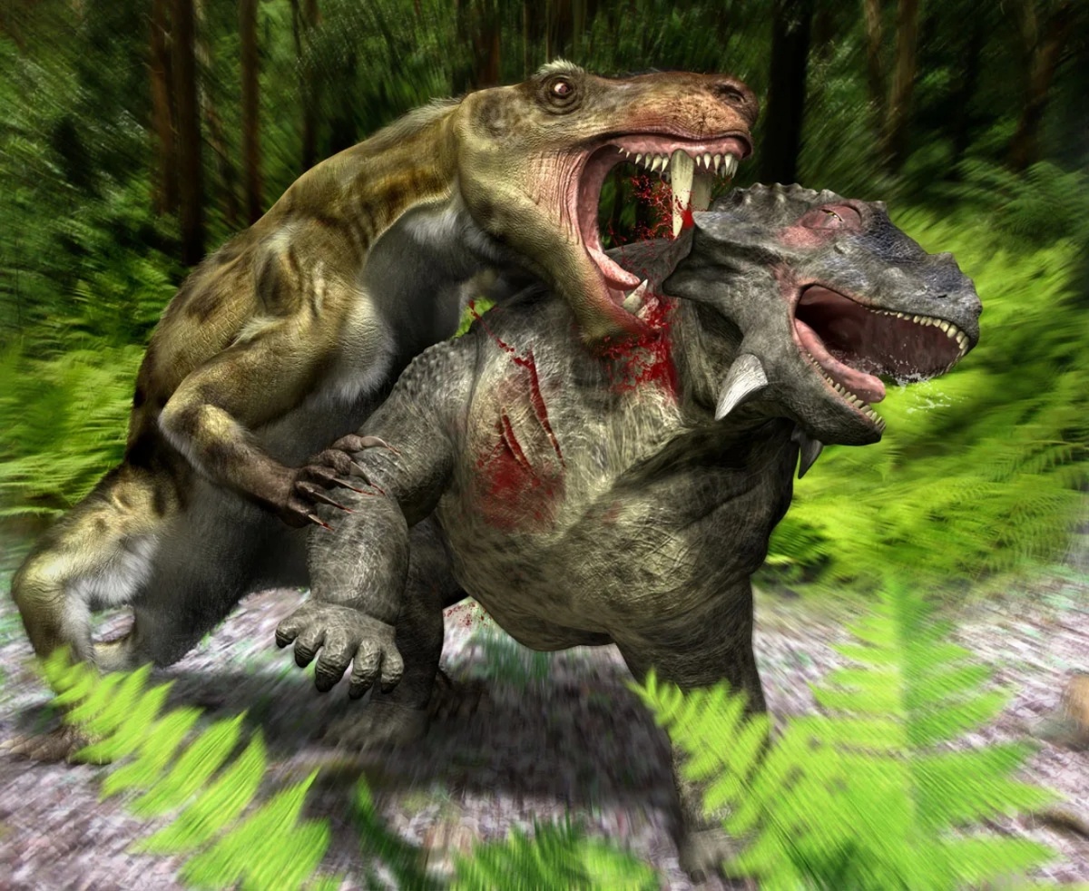 Очень эпичная картинка, Иностранцевия схватила скутозавра клыками за шею.