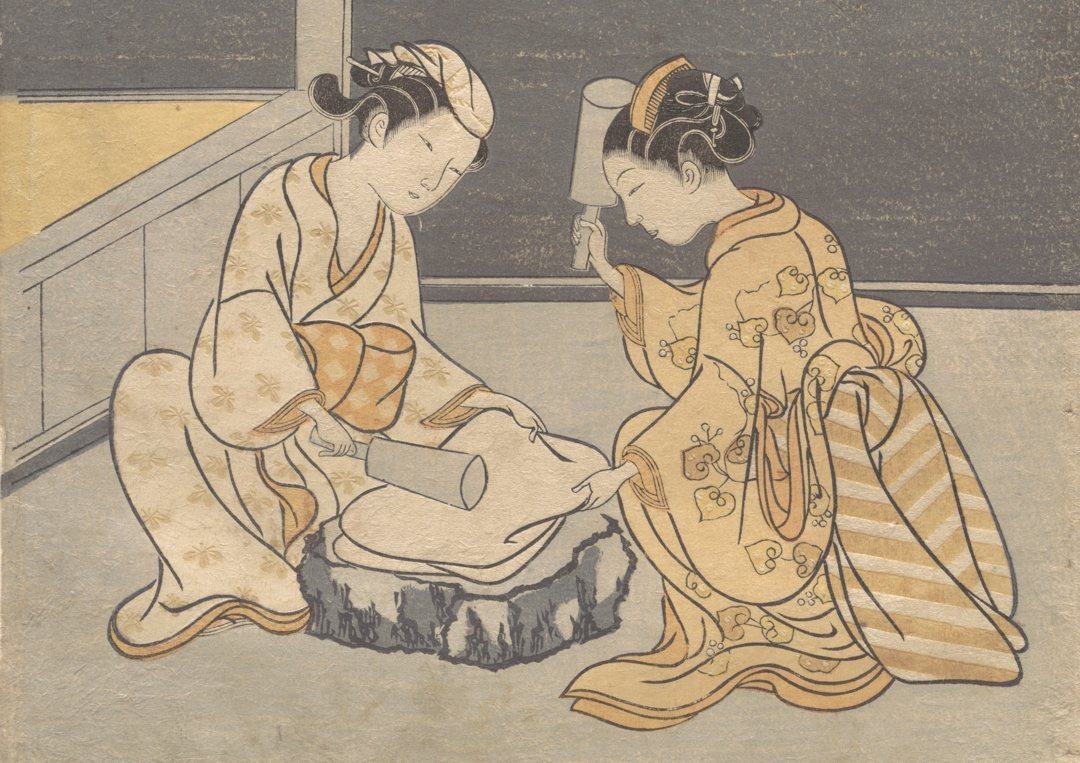 Отбивание одежды [кинута] в Тамагаве. Полихромная гравюра на дереве (деталь). Судзуки Харунобу. Ок. 1768 г. Изображение в общественном достоянии