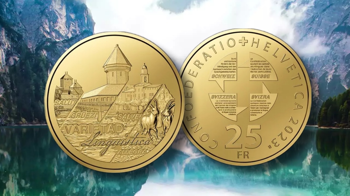 Монета 25 швейцарских франков 2023г. Au «Швейцарское языковое разнообразие»