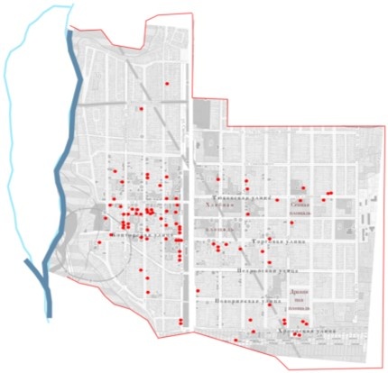 Схема размещения ОКН на территории исторического центра.