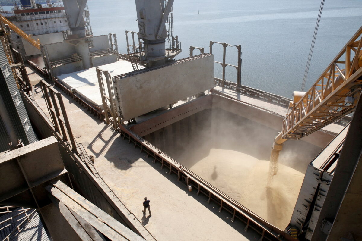    FILE PHOTO: A dockyard worker watches as barley grain is poured into a 40,000 ton ship at a Ukrainian agricultural exporter's shipment terminal in the southern Ukrainian city of Nikolaev July 9, 2013. REUTERS/Vincent Mundy/File Photo