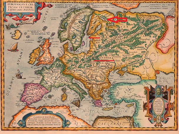 Карта Абрахама Ортелиуса, издания 1595 года, озаглавленная «Старая или Кельтская Европа». В реальности же - это Европа на момент 1492-го года. Стрелкой показано обозначение Скандии или германской Скифии, означая северное происхождение верхних готов. Подчеркнуто предполагаемое обозначение Северного Рима, Петрополиса, в виде готского названия «Veltae» - город Мира