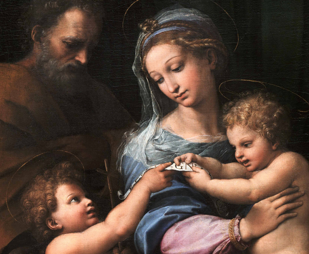 Рафаэль Санти, "Мадонна с розой". Мария держит младенца Иисуса Христа, рядом с ней Иосиф и маленький Иоанн Креститель.
