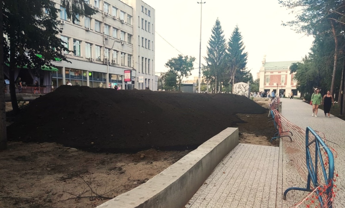 Освободившийся в декабре 2023 года участок стоял недоблагоустроенным почти все лето 2024-го. Фото newsib.net, август.