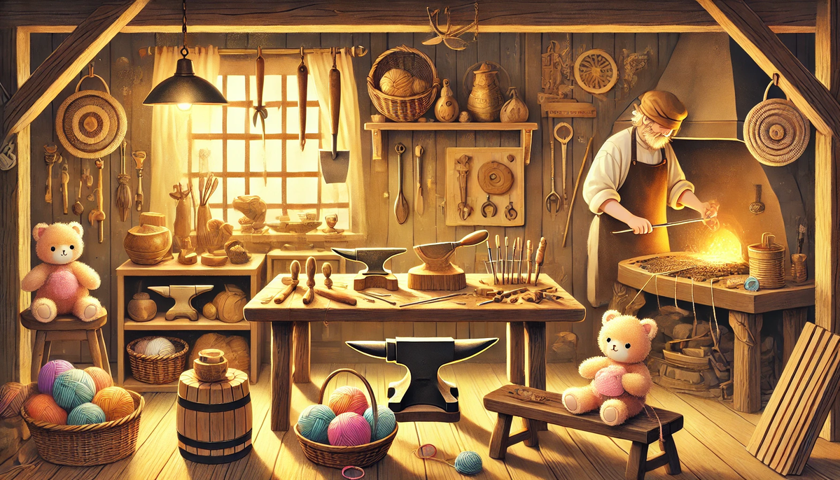 Вот иллюстрация, которая отражает тепло и уют ремесленной мастерской, где оживают традиции. Надеюсь, она добавит атмосферности вашей статье! 😊