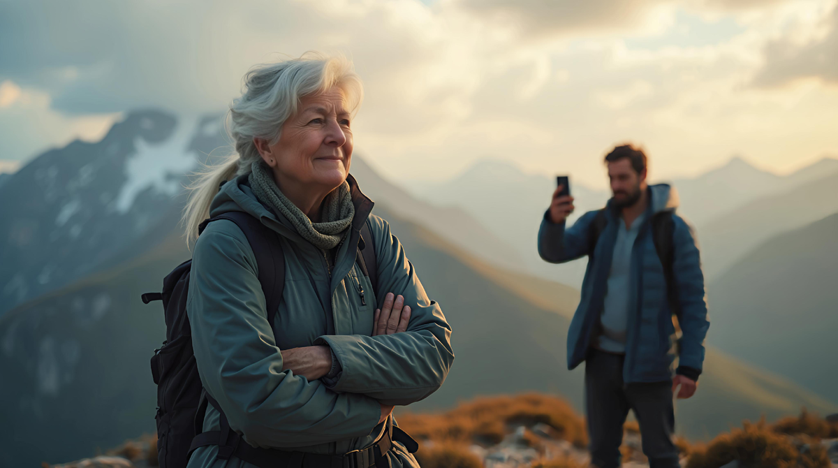 на вершине горы, зять с телефоном, а за ними — потрясающий горный пейзаж.