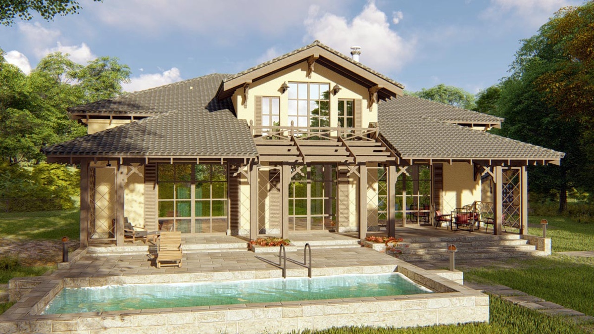 Панорамные окна общих комнат, мастер-спальни и мезонина открывают обзор на пейзаж.