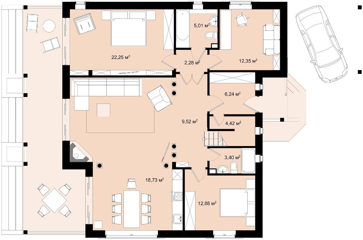 1. ТАВРИДА-РАЙ 190 м2. На первом этаже три спальни, либо две спальни и котельная в комнате у гаража.