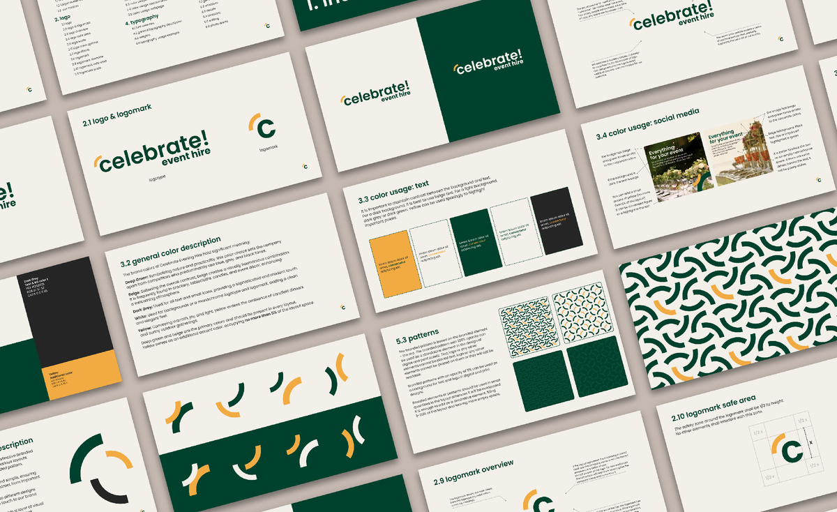 Брендбук Celebrate Event Hire. Проект создан Modernista Creative Studio
