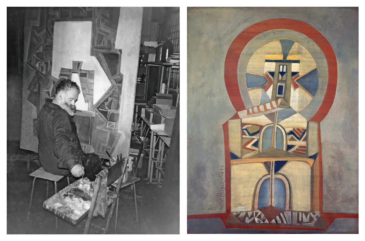 Слева: М. Шварцман в мастерской, 1987 г. Справа: М. Шварцман, «Тайный смысл», 1972 г. Источник: https://shvartsman.info