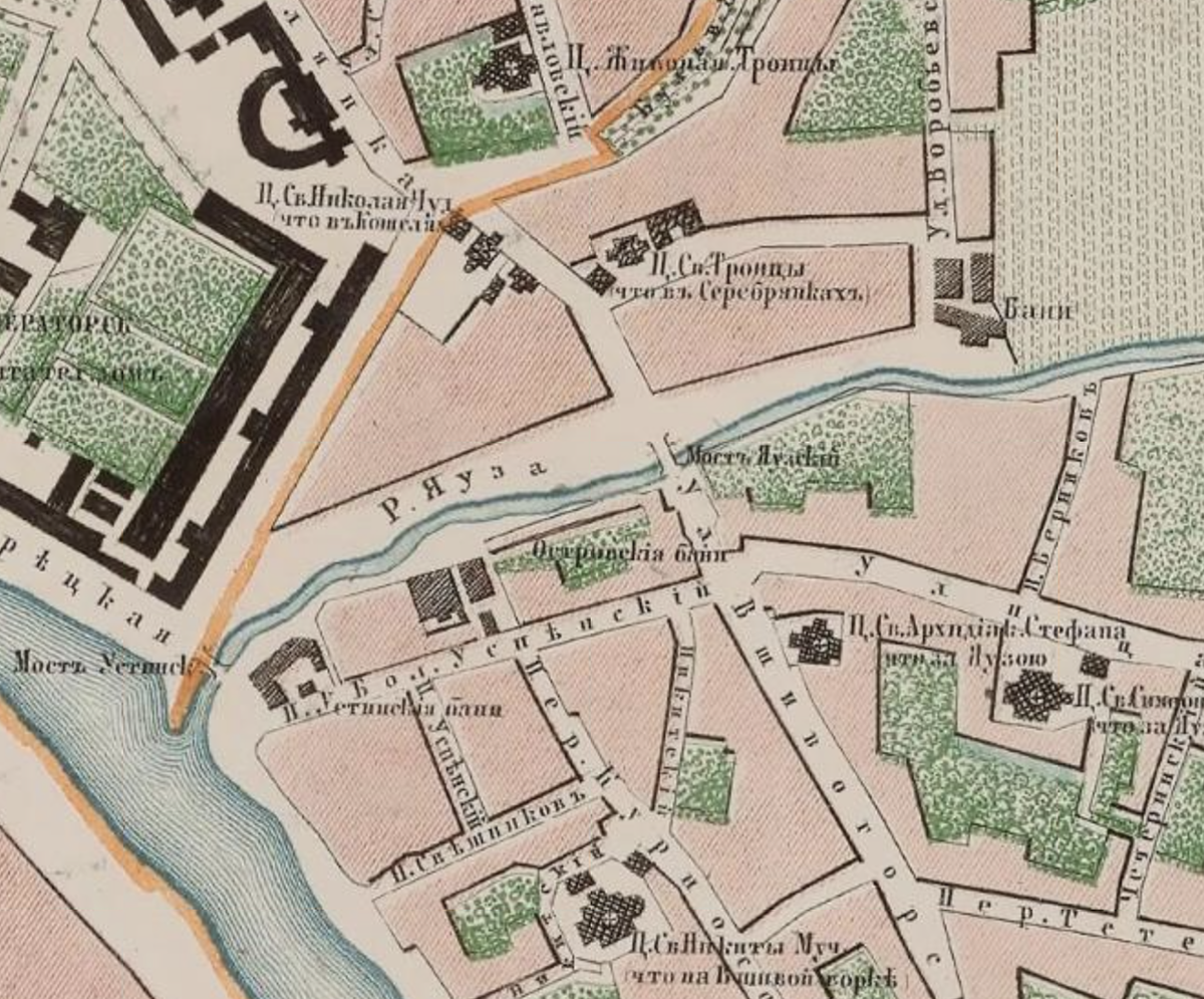 Яузский мост на карте Москвы 1859 года. О названии мы с вами поговорим чуть-чуть позже. С сайта www.retromap.ru.