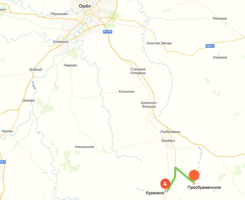 Орловская область. От ж.д. станции Куракино до усадьбы Преображенское около 13 км по дороге. (Яндекс-карты)