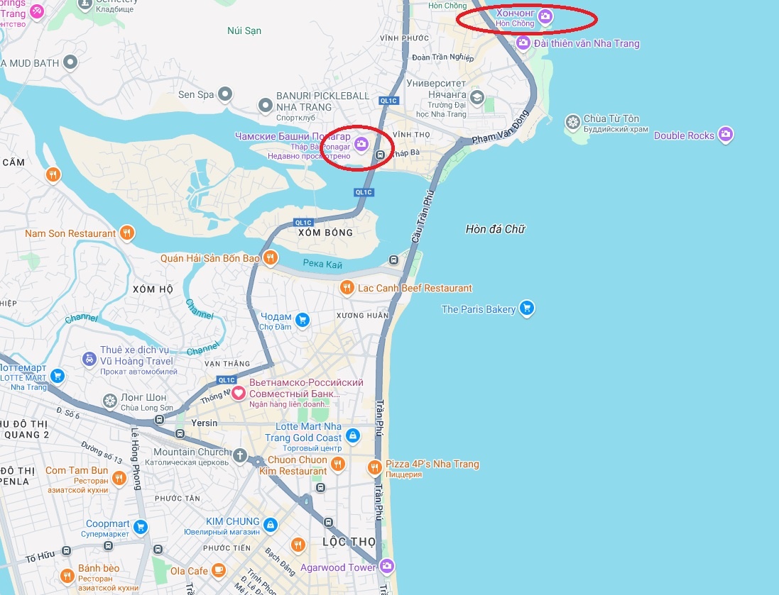Расположение этих объектов на карте Нячанга