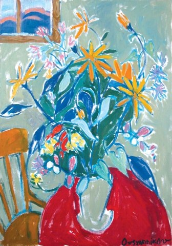 Цветы на красном столе. Холст, масло. 2010 г.