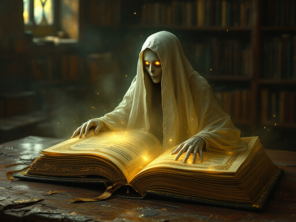Призрак, возле древней, пыльной книги в тускло освещенной библиотеке