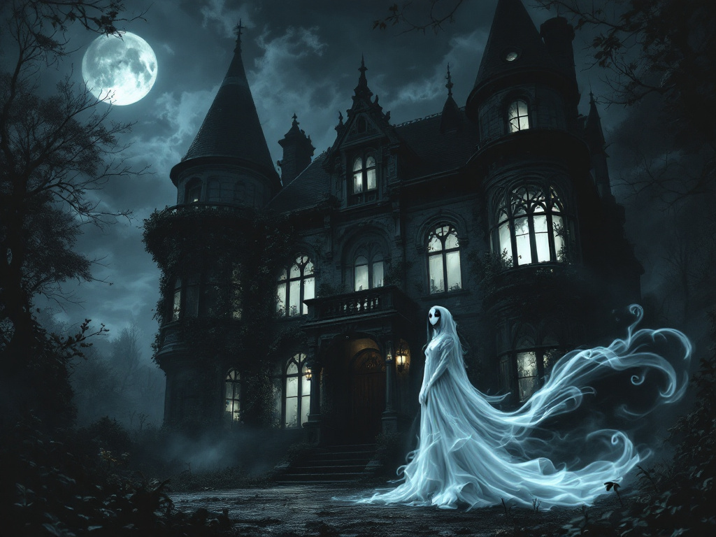 Зловещий викторианский особняк с призрачной женщиной в белом платье