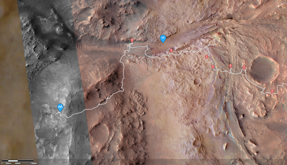 1400-00 (Красные значки - места взятия проб синие - местоположение ровера и вертолетика)