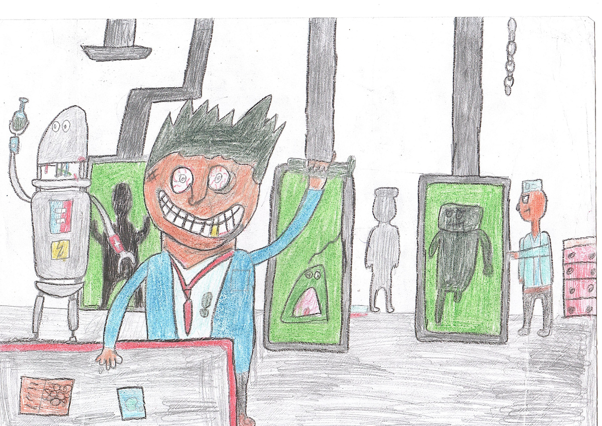 Безумный доктор создает свои эксперименты. И на рисунке в левой руке он держит созданную руку Франкеншейна! 