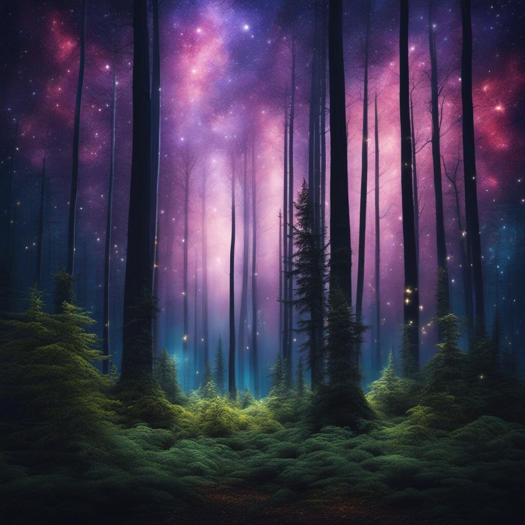 Промт: "Фантастический лес с высокими светящимися деревьями, мистическая атмосфера, звездное небо, магические существа."