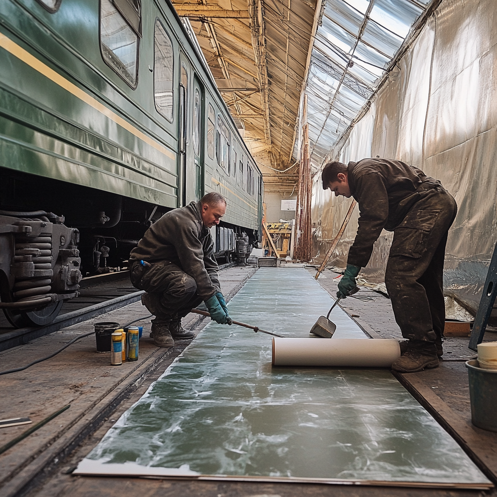 Алексей Поверкин и Михаил Иванович кроят линолеум. Фото fb8.