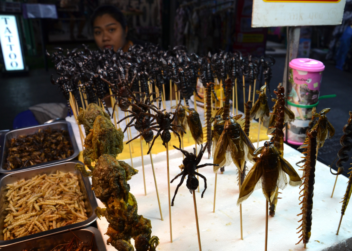 Жареные пауки на палочках, на заднем плане - скорпионы. Каосан Роуд в Бангкоке. Скорее всего - это своеобразный аттракцион для туристов. Местные жители предпочтут жареного сверчка, кузнечика или жирненькую личинку тутового шелкопряда. Фото автора.