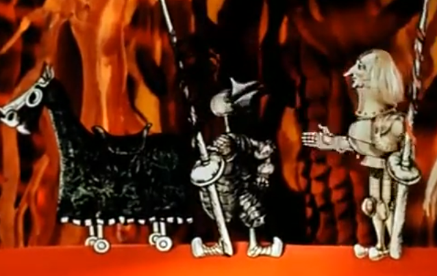 Кадр из мультфильма. Черный и Белый рыцарь договариваются.